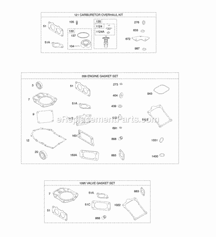 EngineValveCarburetor Gasket Sets Diagram and Parts List for  Briggs and Stratton Engine